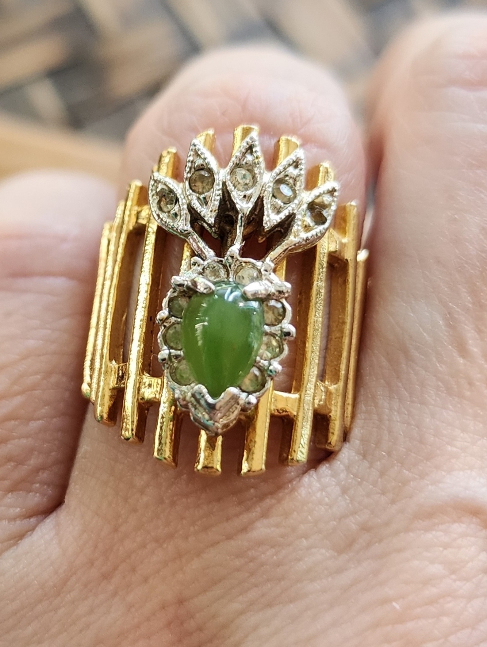 Vintage Brutalist 18kt GP Jade Ring